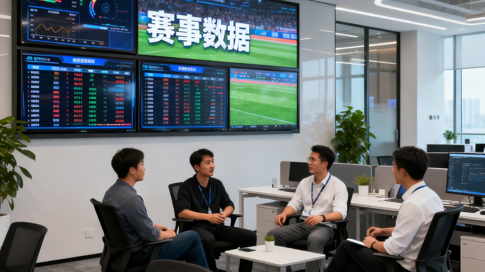 看球直播技术团队在开放式现代化办公室中协作讨论，墙上多块屏幕实时显示赛事数据