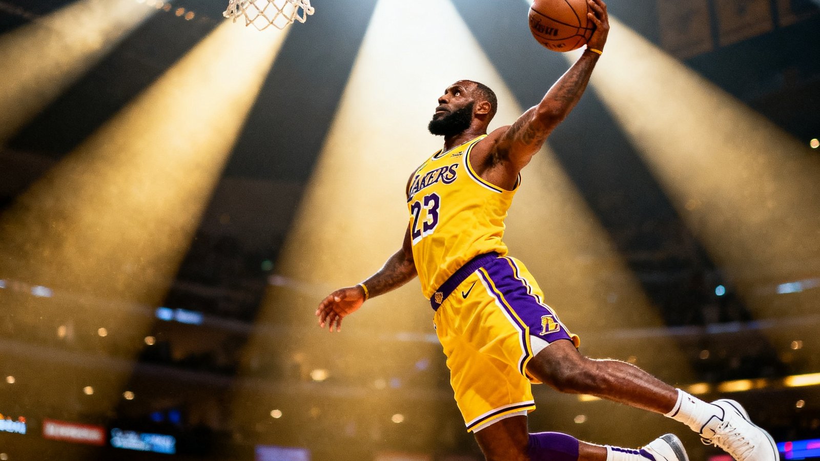 NBA总决赛湖人队球员飞身扣篮的震撼瞬间，球馆内聚光灯汇聚球场中央