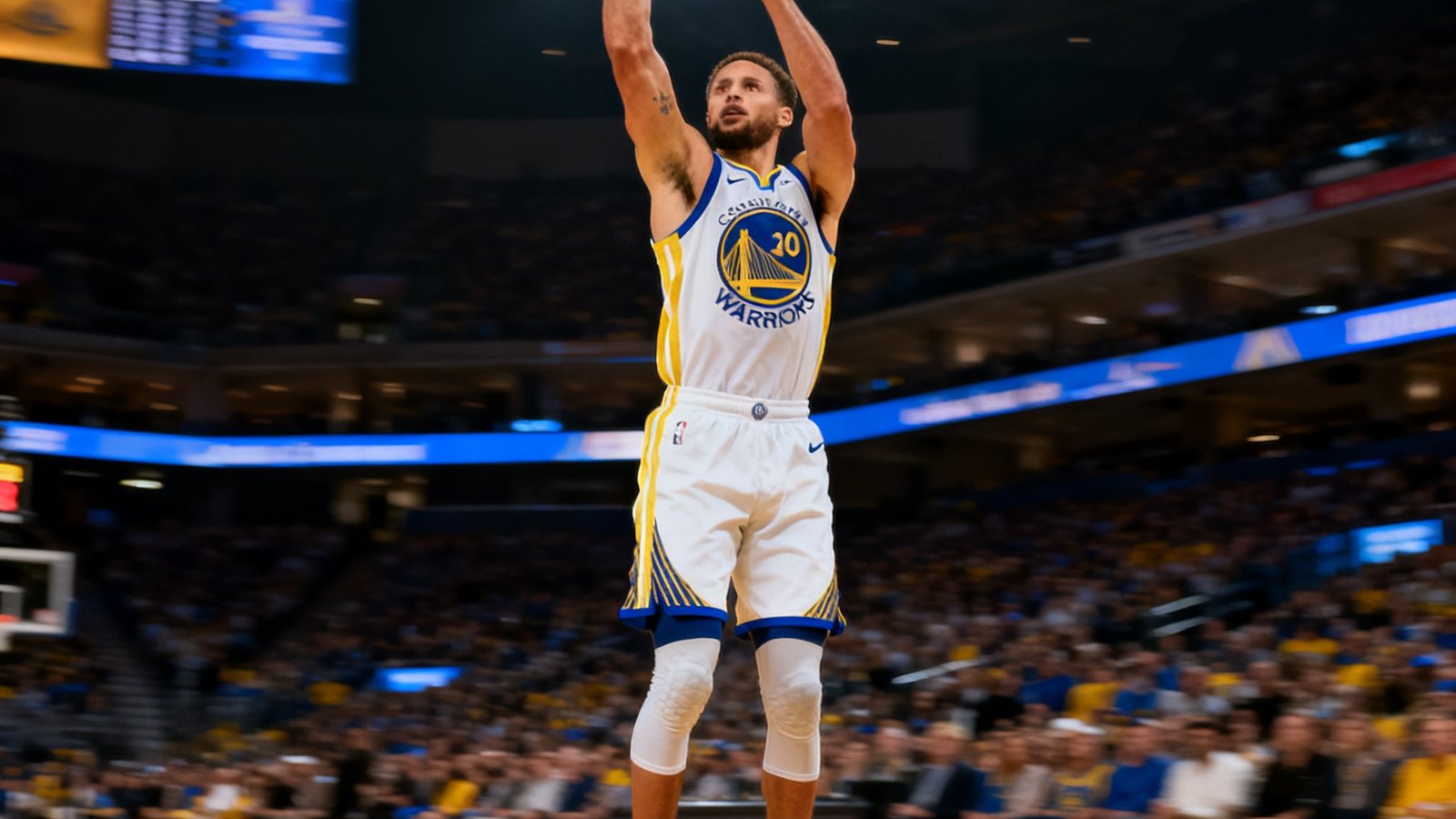 NBA常规赛勇士队主场，库里在三分线外起跳投篮的特写镜头